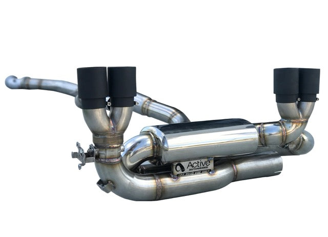 Active Autowerke F87 M2 Competition Signature Exhaust System includes Active F-brace (Carbon over Black Chrome Tips)