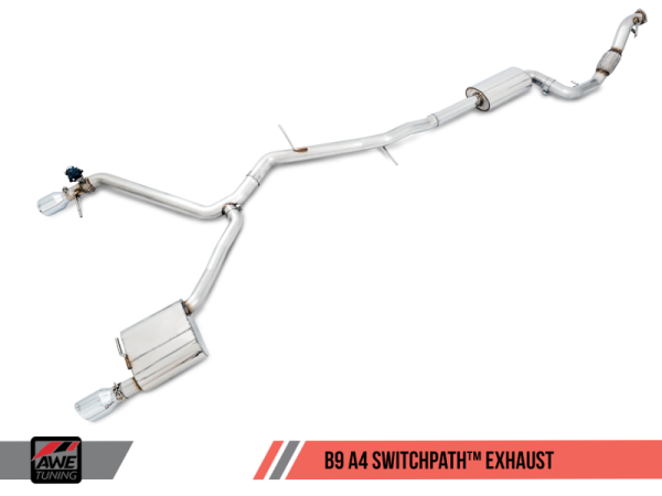 AWE Tuning - AWE Tuning Audi B9 A4 SwitchPath Exhaust Dual Outlet - Chrome Silver Tips (Includes DP and Remote)