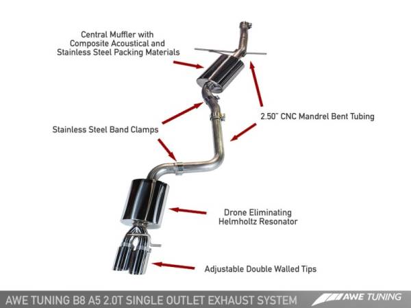 AWE Tuning - AWE Tuning Audi B8 A5 2.0T Touring Edition Single Outlet Exhaust - Diamond Black Tips