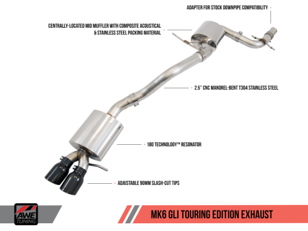 AWE Tuning - AWE Tuning Mk6 GLI 2.0T - Mk6 Jetta 1.8T Touring Edition Exhaust - Polished Silver Tips