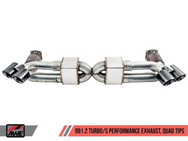 AWE Tuning - AWE Tuning Porsche 991 Turbo Performance Exhaust and High-Flow Cat Sections - Black Quad Tips