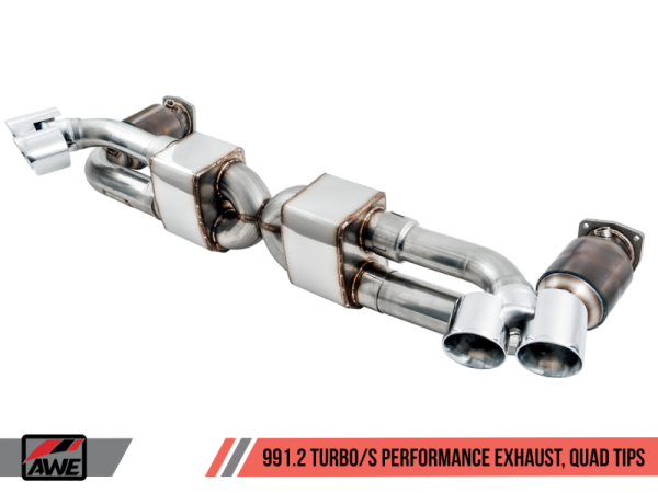 AWE Tuning - AWE Tuning Porsche 991.2 Turbo Performance Exhaust and High-Flow Cat Sections - Silver Quad Tips