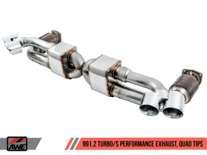 AWE Tuning - AWE Tuning Porsche 991.2 Turbo Performance Exhaust and High-Flow Cat Sections - Silver Quad Tips - Image 1