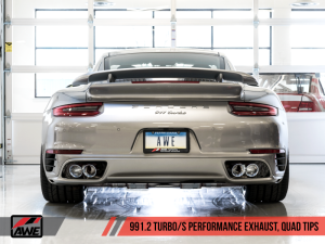 AWE Tuning - AWE Tuning Porsche 991.2 Turbo Performance Exhaust and High-Flow Cat Sections - Silver Quad Tips - Image 5